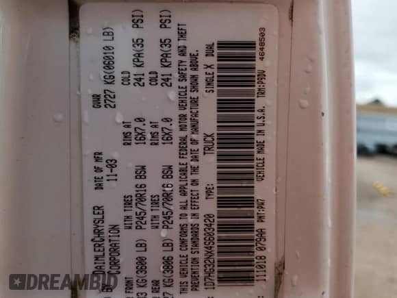 2004 Dodge Dakota Sport with VIN 1D7HG32NX4S603420, listed as a Copart auction lot 70382335 with 204,265 mi miles and Salvage title. Bid and sale history available at DreamBid. Image 12.