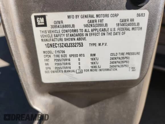 2003 Chevrolet Tahoe LT with VIN 1GNEC13Z43J332753, listed as a Copart auction lot 86226905 with Not provided miles and Salvage title. Bid and sale history available at DreamBid. Image 13.