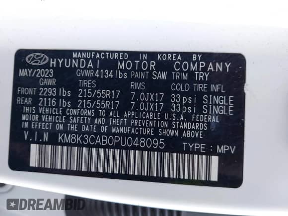 2023 Hyundai Kona SEL with VIN KM8K3CAB0PU048095, listed as a IAAI auction lot 43136086 with 83,884 mi miles and . Bid and sale history available at DreamBid. Image 9.
