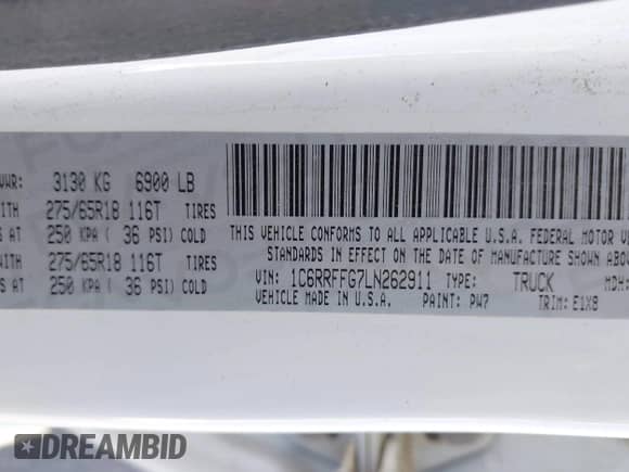 2020 Ram 1500 Big Horn with VIN 1C6RRFFG7LN262911, listed as a IAAI auction lot 42188498 with 152,194 mi miles and . Bid and sale history available at DreamBid. Image 9.