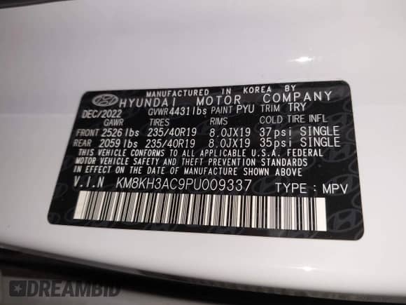 2023 Hyundai Kona with VIN KM8KH3AC9PU009337, listed as a IAAI auction lot 42827068 with 40,513 mi miles and . Bid and sale history available at DreamBid. Image 9.