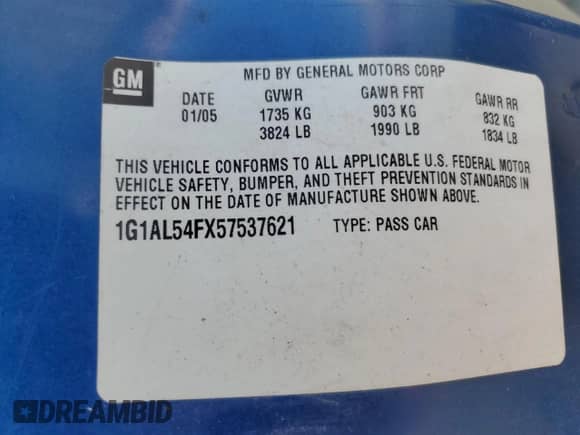 2005 Chevrolet Cobalt LS с VIN 1G1AL54FX57537621, выставлен на аукционе Copart как лот 69207585 с пробегом 256 147 миль миль и Списание • Salvage title. История ставок и продаж доступна на DreamBid. Изображение 12.