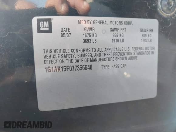 2007 Chevrolet Cobalt LS с VIN 1G1AK15F077356640, выставлен на аукционе IAAI как лот 43143063 с пробегом 211 097 миль миль и . История ставок и продаж доступна на DreamBid. Изображение 9.