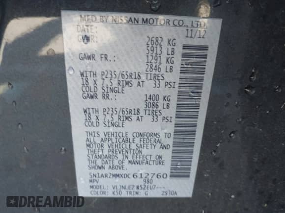 2013 Nissan Pathfinder SL с VIN 5N1AR2MMXDC612760, выставлен на аукционе IAAI как лот 43412946 с пробегом 172 392 миль миль и . История ставок и продаж доступна на DreamBid. Изображение 9.