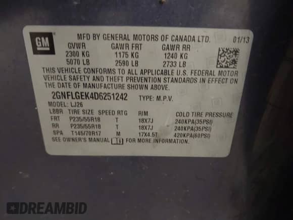 2013 Chevrolet Equinox LTZ z VIN 2GNFLGEK4D6251242, wystawiony jako IAAI lot #43481945 z przebiegiem 129 037 mil mil oraz . Historia ofert i sprzedaży dostępna na DreamBid. Obrazek 9.