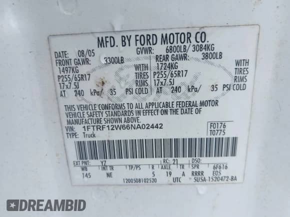 2006 Ford F-150 XL z VIN 1FTRF12W66NA02442, wystawiony jako IAAI lot #42757215 z przebiegiem 264 506 mil mil oraz . Historia ofert i sprzedaży dostępna na DreamBid. Obrazek 9.