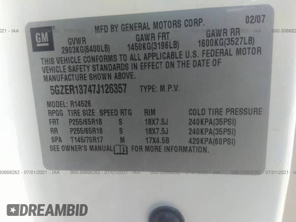 2007 Saturn Outlook XE with VIN 5GZER13747J126357, listed as a IAAI auction lot 30668262 with 160,306 mi miles and . Bid and sale history available at DreamBid. Image 9.