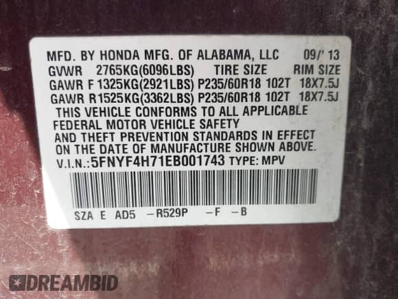 2014 Honda Pilot EX-L with VIN 5FNYF4H71EB001743, listed as a IAAI auction lot 43274349 with 251,219 mi miles and . Bid and sale history available at DreamBid. Image 9.
