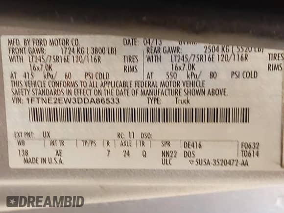 2013 Ford Econoline Cargo Commercial с VIN 1FTNE2EW3DDA86533, выставлен на аукционе IAAI как лот 43285843 с пробегом 141 151 миль миль и . История ставок и продаж доступна на DreamBid. Изображение 9.