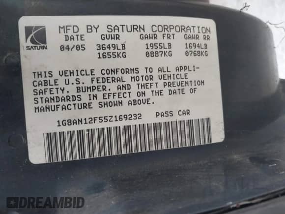 2005 Saturn ION ION 2 with VIN 1G8AN12F55Z169232, listed as a IAAI auction lot 41011600 with 234,335 mi miles and . Bid and sale history available at DreamBid. Image 9.