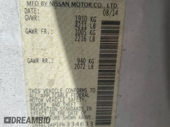 2015 Nissan Altima SL with VIN 1N4AL3AP5FN334633, listed as a Copart auction lot 67788125 with 128,191 mi miles and Salvage title. Bid and sale history available at DreamBid. Image 12.