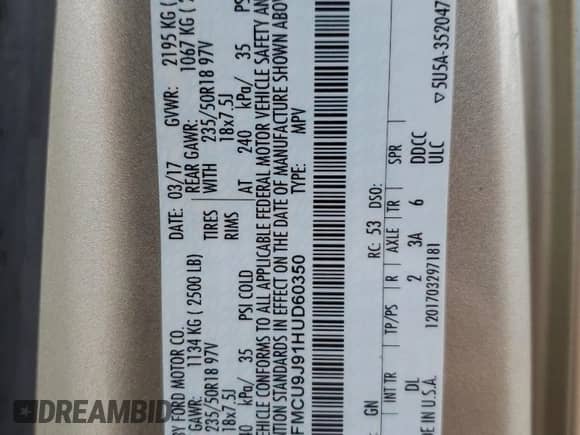 2017 Ford Escape Titanium with VIN 1FMCU9J91HUD60350, listed as a Copart auction lot 67822375 with 149,446 mi miles and Salvage title. Bid and sale history available at DreamBid. Image 14.