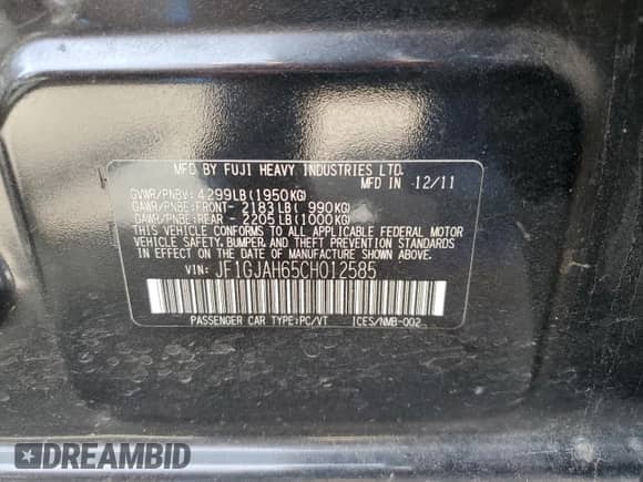 2012 Subaru Impreza Limited with VIN JF1GJAH65CH012585, listed as a Copart auction lot 81497615 with 133,428 mi miles and Salvage title. Bid and sale history available at DreamBid. Image 12.