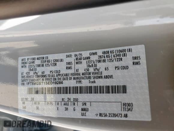 2025 Ford F-250 XL с VIN 1FT8W2BT1SED19286, выставлен на аукционе Copart как лот 83987705 с пробегом 2 499 миль миль и На запчасти • Non repairable. История ставок и продаж доступна на DreamBid. Изображение 12.