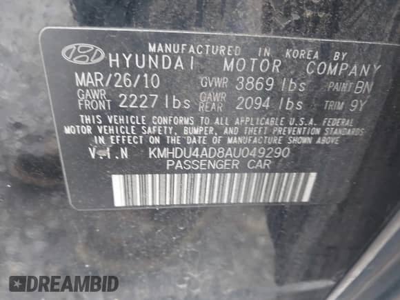 2010 Hyundai Elantra GLS with VIN KMHDU4AD8AU049290, listed as a IAAI auction lot 42048918 with 193,047 mi miles and . Bid and sale history available at DreamBid. Image 9.
