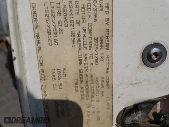 1995 Chevrolet Silverado 2500 с VIN 1GCFK24K1SZ128581, выставлен на аукционе Copart как лот 75463994 с пробегом 193 008 миль миль и Списание • Salvage title. История ставок и продаж доступна на DreamBid. Изображение 12.