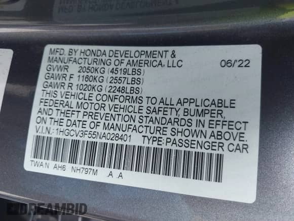 2022 Honda Accord EX-L с VIN 1HGCV3F55NA028401, выставлен на аукционе IAAI как лот 41636247 с пробегом 36 809 миль миль и . История ставок и продаж доступна на DreamBid. Изображение 9.