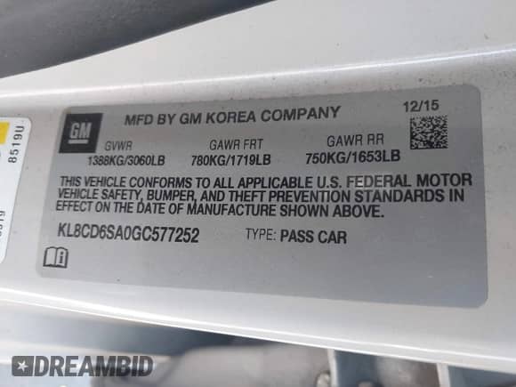 2016 Chevrolet Spark LT with VIN KL8CD6SA0GC577252, listed as a IAAI auction lot 42510597 with 108,006 mi miles and . Bid and sale history available at DreamBid. Image 9.