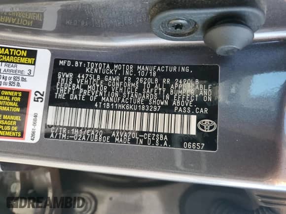 2019 Toyota Camry SE z VIN 4T1B11HK6KU183297, wystawiony jako Copart lot #84475515 z przebiegiem 85 315 mil mil oraz Szkoda całkowita • Salvage title. Historia ofert i sprzedaży dostępna na DreamBid. Obrazek 12.