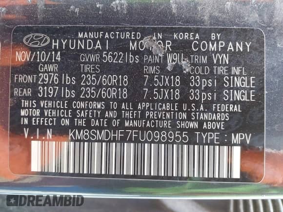 2015 Hyundai Santa Fe GLS с VIN KM8SMDHF7FU098955, выставлен на аукционе IAAI как лот 43498308 с пробегом 204 523 миль миль и . История ставок и продаж доступна на DreamBid. Изображение 9.
