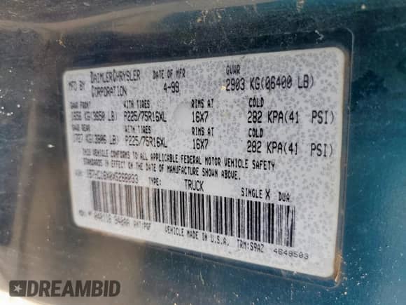 1999 Dodge 1500 с VIN 1B7HC16X0XS268033, выставлен на аукционе Copart как лот 69682675 с пробегом 277 216 миль миль и Чистый • Clean title. История ставок и продаж доступна на DreamBid. Изображение 12.