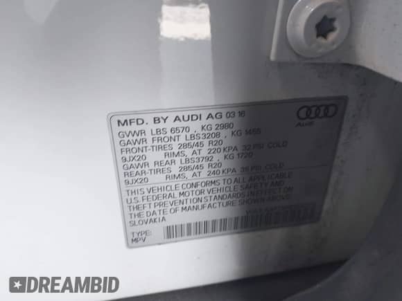 2017 Audi Q7 Premium Plus with VIN WA1LAAF7XHD012224, listed as a IAAI auction lot 42856190 with 130,807 mi miles and . Bid and sale history available at DreamBid. Image 9.