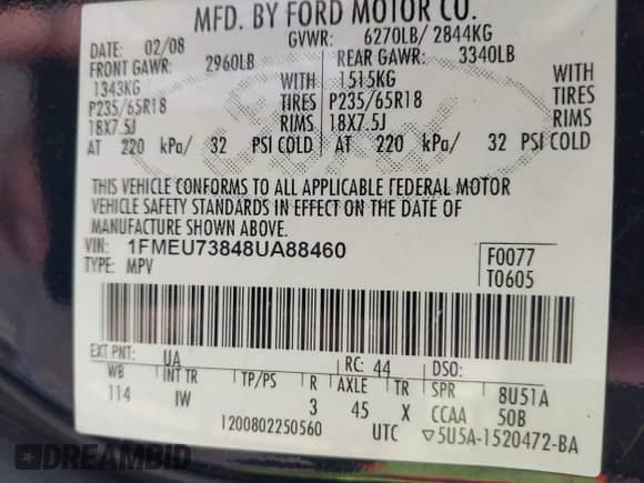 2008 Ford Explorer XLT with VIN 1FMEU73848UA88460, listed as a IAAI auction lot 42101787 with 202,357 mi miles and . Bid and sale history available at DreamBid. Image 9.
