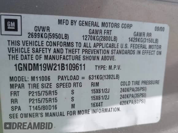 2001 Chevrolet Astro with VIN 1GNDM19W21B109611, listed as a IAAI auction lot 42169610 with 178,736 mi miles and . Bid and sale history available at DreamBid. Image 9.