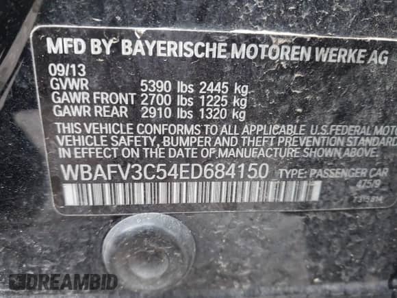 2014 BMW 5 Series 535d xDrive with VIN WBAFV3C54ED684150, listed as a IAAI auction lot 42776058 with 188,719 mi miles and . Bid and sale history available at DreamBid. Image 9.