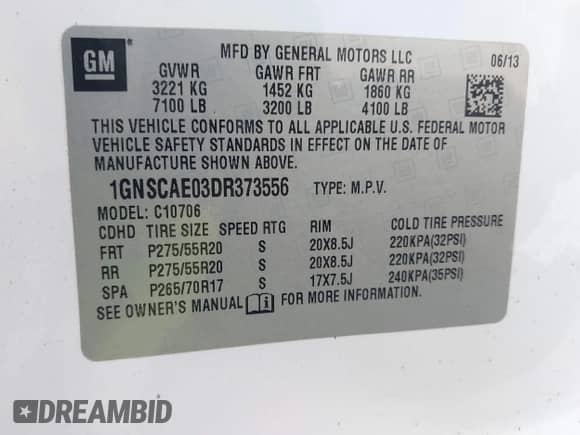 2013 Chevrolet Tahoe LS z VIN 1GNSCAE03DR373556, wystawiony jako IAAI lot #43399660 z przebiegiem 159 400 mil mil oraz . Historia ofert i sprzedaży dostępna na DreamBid. Obrazek 9.