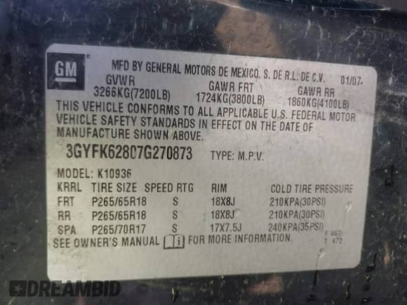 2007 Cadillac Escalade EXT with VIN 3GYFK62807G270873, listed as a IAAI auction lot 41885685 with 183,995 mi miles and . Bid and sale history available at DreamBid. Image 9.
