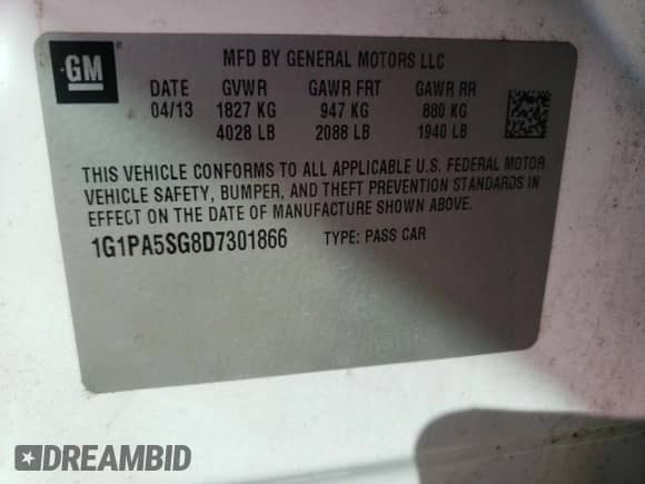 2013 Chevrolet Cruze LS with VIN 1G1PA5SG8D7301866, listed as a Copart auction lot 71397935 with 131,300 mi miles and Salvage title. Bid and sale history available at DreamBid. Image 12.