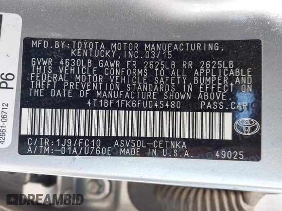 2015 Toyota Camry SE с VIN 4T1BF1FK6FU045480, выставлен на аукционе IAAI как лот 43364892 с пробегом 271 914 миль миль и . История ставок и продаж доступна на DreamBid. Изображение 9.