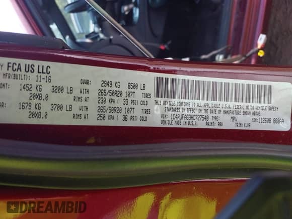 2017 Jeep Grand Cherokee Altitude with VIN 1C4RJFAG3HC727548, listed as a IAAI auction lot 42915702 with 136,551 mi miles and . Bid and sale history available at DreamBid. Image 9.