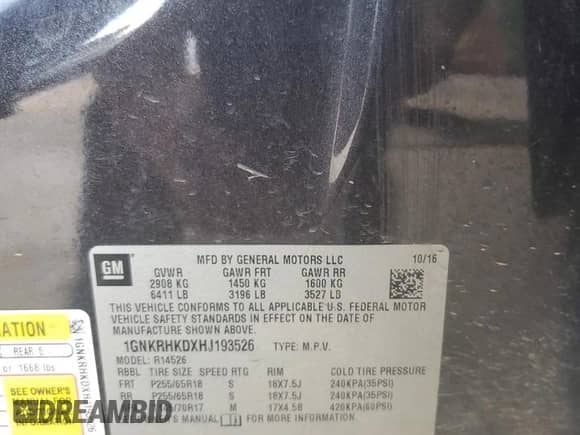 2017 Chevrolet Traverse LT with VIN 1GNKRHKDXHJ193526, listed as a Copart auction lot 67307825 with 125,944 mi miles and Salvage title. Bid and sale history available at DreamBid. Image 13.