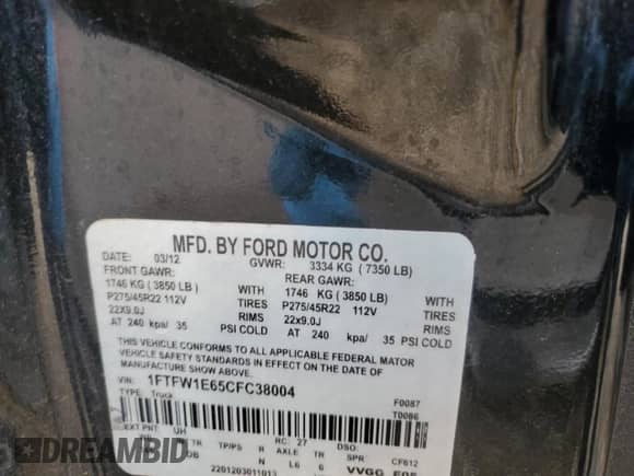 2012 Ford F-150 Lariat with VIN 1FTFW1E65CFC38004, listed as a Copart auction lot 43649305 with 224,954 mi miles and Salvage title. Bid and sale history available at DreamBid. Image 12.