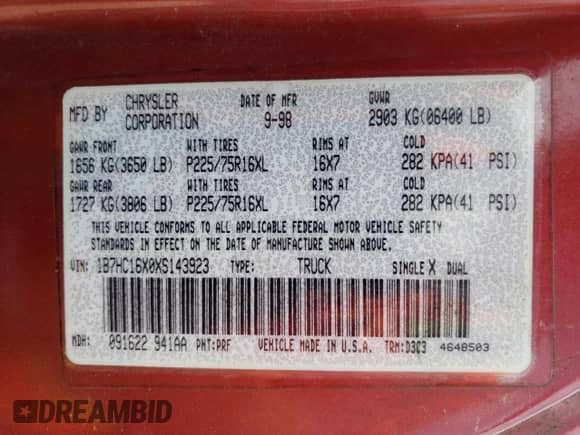 1999 Dodge 1500 с VIN 1B7HC16X0XS143923, выставлен на аукционе Copart как лот 72087343 с пробегом 132 425 миль миль и На запчасти • Non repairable. История ставок и продаж доступна на DreamBid. Изображение 12.