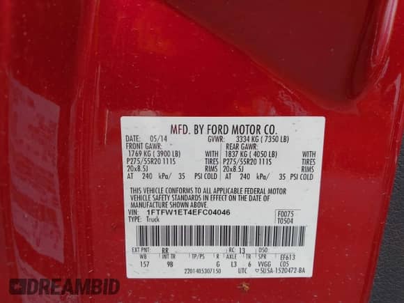 2014 Ford F-150 XL with VIN 1FTFW1ET4EFC04046, listed as a IAAI auction lot 42275364 with 188,507 mi miles and . Bid and sale history available at DreamBid. Image 9.