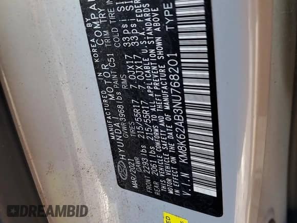 2022 Hyundai Kona SEL с VIN KM8K62AB3NU768201, выставлен на аукционе Copart как лот 67575865 с пробегом 84 690 миль миль и Списание • Salvage title. История ставок и продаж доступна на DreamBid. Изображение 13.