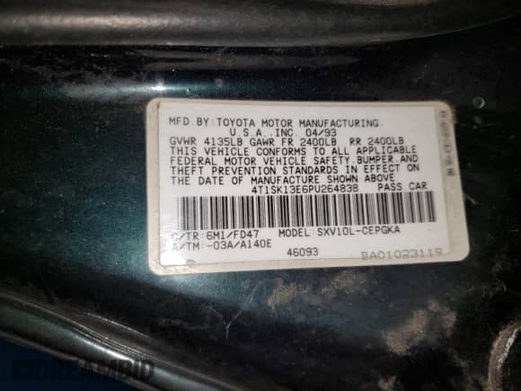 1993 Toyota Camry с VIN 4T1SK13E6PU264838, выставлен на аукционе Copart как лот 41651745 с пробегом 89 537 миль миль и Списание • Salvage title. История ставок и продаж доступна на DreamBid. Изображение 14.