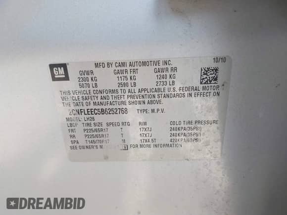 2011 Chevrolet Equinox 1LT with VIN 2CNFLEEC5B6252768, listed as a IAAI auction lot 42865135 with 151,052 mi miles and . Bid and sale history available at DreamBid. Image 9.