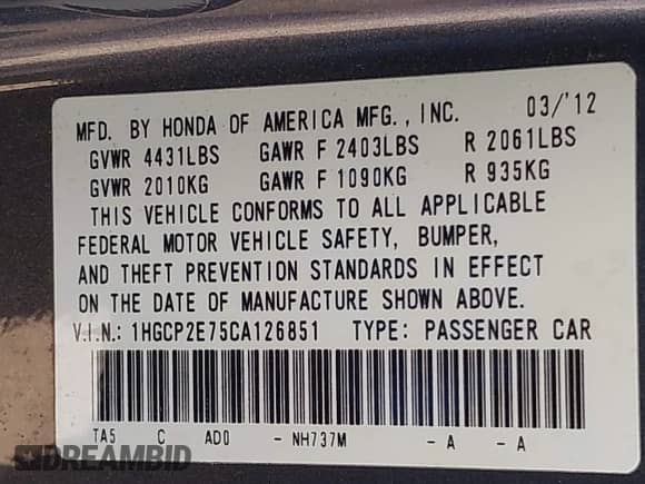 2012 Honda Accord EX z VIN 1HGCP2E75CA126851, wystawiony jako IAAI lot #42003144 z przebiegiem 147 735 mil mil oraz . Historia ofert i sprzedaży dostępna na DreamBid. Obrazek 9.