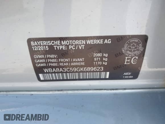 2016 BMW 3 Series 320i xDrive with VIN WBA8A3C59GK689623, listed as a IAAI auction lot 41472082 with 43,569 mi miles and . Bid and sale history available at DreamBid. Image 9.