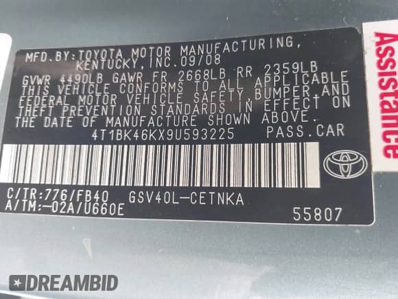 2009 Toyota Camry LE with VIN 4T1BK46KX9U593225, listed as a IAAI auction lot 43552734 with 184,884 mi miles and . Bid and sale history available at DreamBid. Image 9.