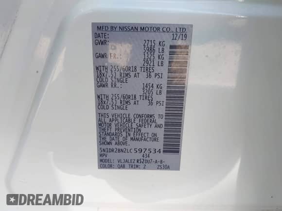 2020 Nissan Pathfinder SV with VIN 5N1DR2BN2LC597534, listed as a IAAI auction lot 43040760 with 76,034 mi miles and . Bid and sale history available at DreamBid. Image 9.