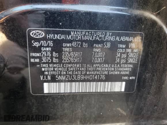 2017 Hyundai Santa Fe 2.4L с VIN 5NMZU3LB9HH014176, выставлен на аукционе Copart как лот 81699855 с пробегом 150 728 миль миль и Чистый • Clean title. История ставок и продаж доступна на DreamBid. Изображение 13.