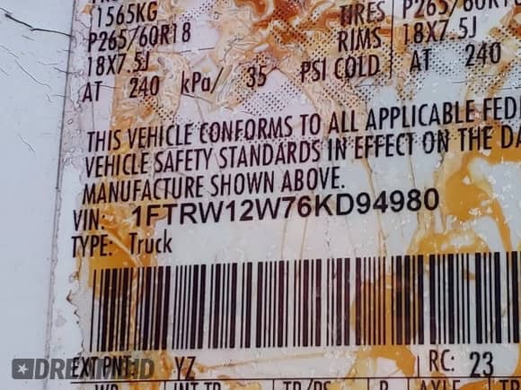 2006 Ford F-150 XLT z VIN 1FTRW12W76KD94980, wystawiony jako IAAI lot #41258860 z przebiegiem 119 333 mil mil oraz . Historia ofert i sprzedaży dostępna na DreamBid. Obrazek 9.