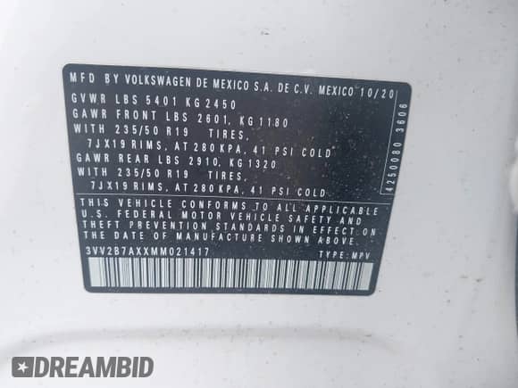 2021 Volkswagen Tiguan SE с VIN 3VV2B7AXXMM021417, выставлен на аукционе IAAI как лот 42869197 с пробегом 83 000 миль миль и . История ставок и продаж доступна на DreamBid. Изображение 9.