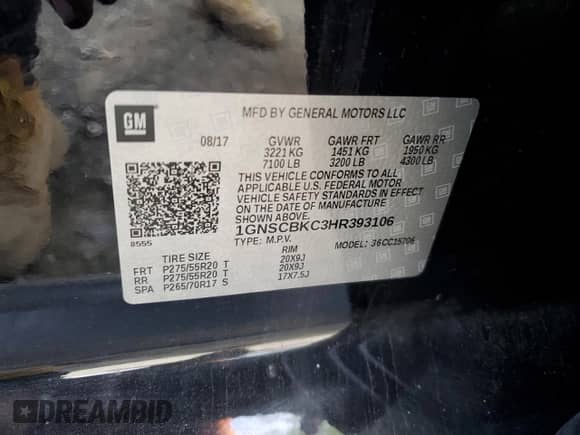 2017 Chevrolet Tahoe LT with VIN 1GNSCBKC3HR393106, listed as a Copart auction lot 85287505 with 67,581 mi miles and Salvage title. Bid and sale history available at DreamBid. Image 14.