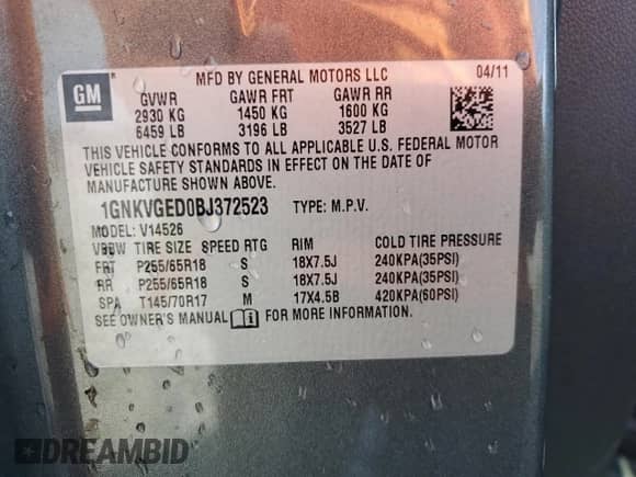 2011 Chevrolet Traverse 1LT с VIN 1GNKVGED0BJ372523, выставлен на аукционе Copart как лот 85563685 с пробегом 121 706 миль миль и Списание • Salvage title. История ставок и продаж доступна на DreamBid. Изображение 13.